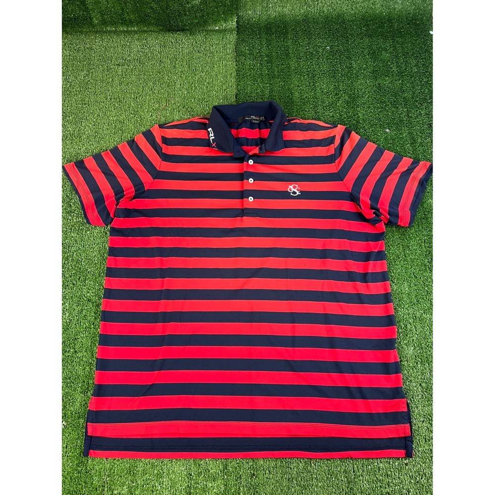 RLX Ralph Lauren Mens XL Striped Performance‎ Golf Polo Shirt Navy Blue Red